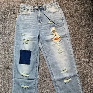 Patched Ripped Faded Blue Denim Jeans Straight Leg High waist Cotton New Haptic